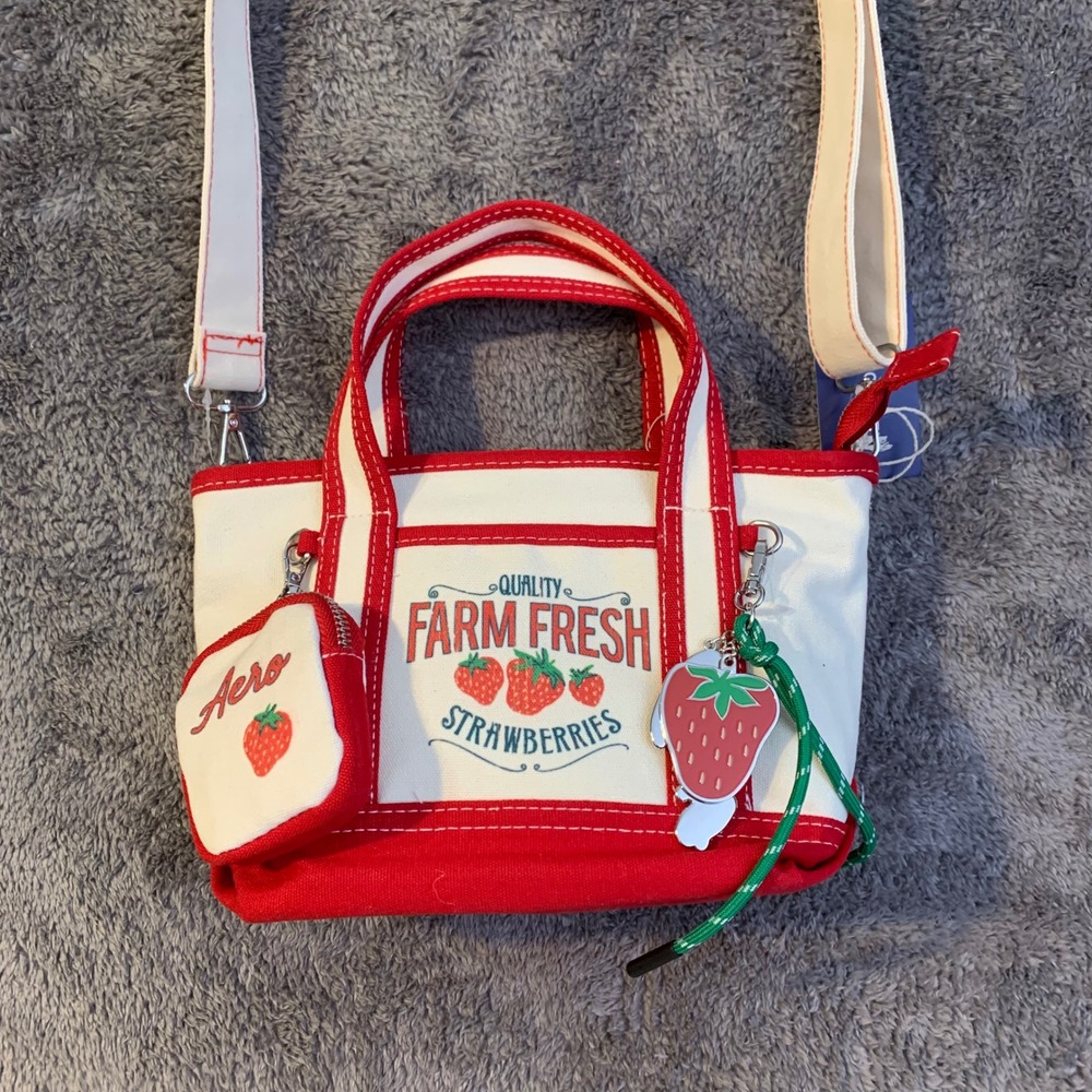 Aeropostale Farm Fresh Strawberries Canvas Mini Tote Crossbody Bag Red Cream NEW